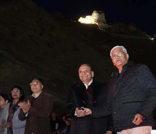 Union Minister Gajendra Singh Shekhawat along with LG Ladakh V K Saxena watching Sound and Light show at Leh Palace.