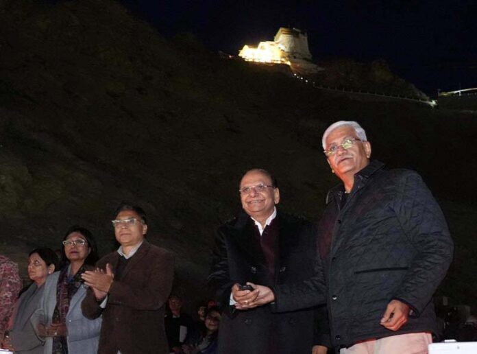 Union Minister Gajendra Singh Shekhawat along with LG Ladakh V K Saxena watching Sound and Light show at Leh Palace.