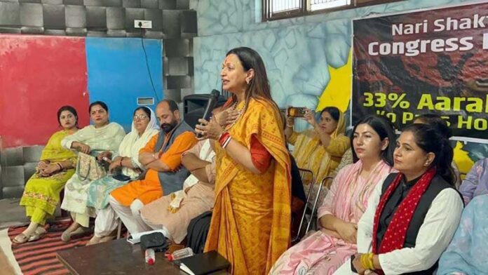 BJP, vice president, Rekha Mahajan addressing a public meeting at Phinter Billawar on Monday.