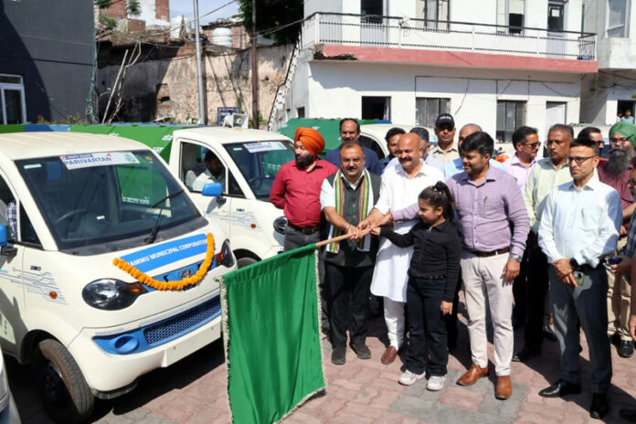 Dignitaries flagging off a fleet of new garbage collection vehicles in Jammu on Wednesday.