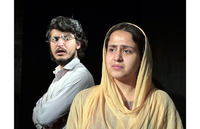 A scene from the play ‘Reed-Rahit’ staged in Jammu on Sunday.