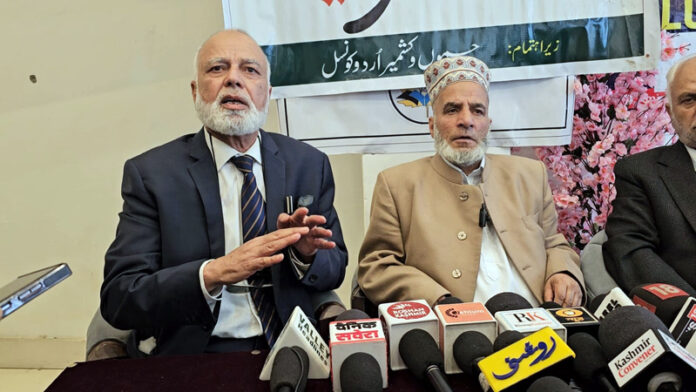 Members of J&K Urdu Council during a press conference in Srinagar on Saturday. -Excelsior/Shakeel.