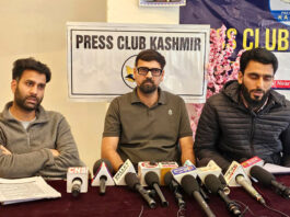 JKPSC Zoology Lecturer aspirants during a press conference in Srinagar on Monday. - Excelsior/Shakeel