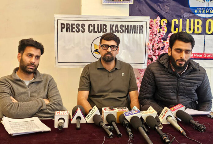 JKPSC Zoology Lecturer aspirants during a press conference in Srinagar on Monday. - Excelsior/Shakeel