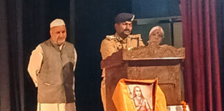 SSP Srinagar, Dr G V Sundeep addressing a function at Tagore Hall Srinagar, Save Sharda Committee, chief Ravinder Pandita is also seen in the picture.