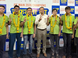 Nitin Kukreja, CEO Allen Career Institute posing along with the toppers of JEE-Main 2026 in Jammu.