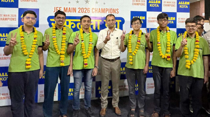 Nitin Kukreja, CEO Allen Career Institute posing along with the toppers of JEE-Main 2026 in Jammu.