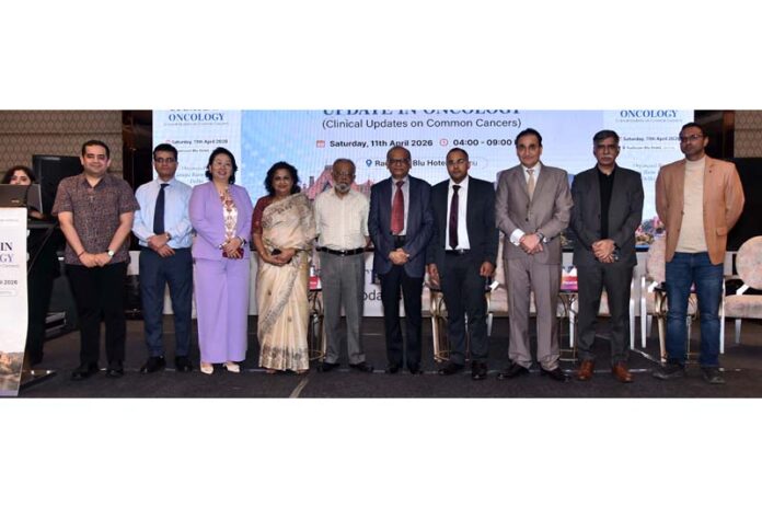 Leading oncologists from across the country posing for a group photograph during a conclave at Radisson Blu Hotel in Jammu. Leading oncologists from across the country posing for a group photograph during a conclave at Radisson Blu Hotel in Jammu.