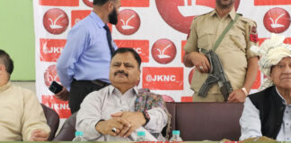 Jal Shakti and Forest Minister, Javed Rana flanked by others during a function at Doda on Friday.