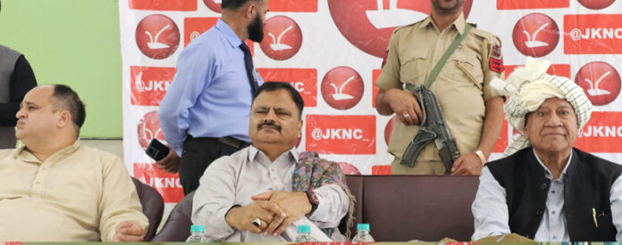Jal Shakti and Forest Minister, Javed Rana flanked by others during a function at Doda on Friday.