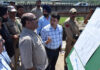 Deputy CM inspecting work on bridge project at Miran Sahib on Monday.