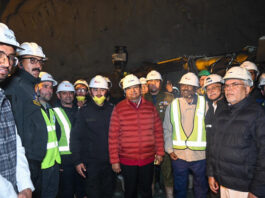 LG Ladakh Vinai Kumar Saxena with officials during inspection of Zoji-La Tunnel's eastern portal in Drass.
