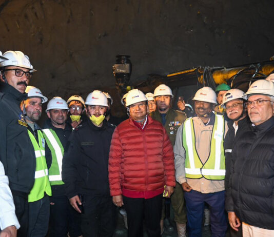 LG Ladakh Vinai Kumar Saxena with officials during inspection of Zoji-La Tunnel's eastern portal in Drass.