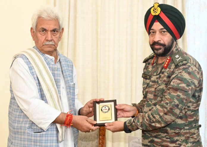 Lt Gen Harpal Singh, Director General, Border Roads meeting Lieutenant Governor Manoj Sinha on Friday.