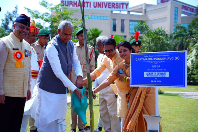 Governor of Gujarat, Acharya Devvrat planting a sapling during an event on Monday.