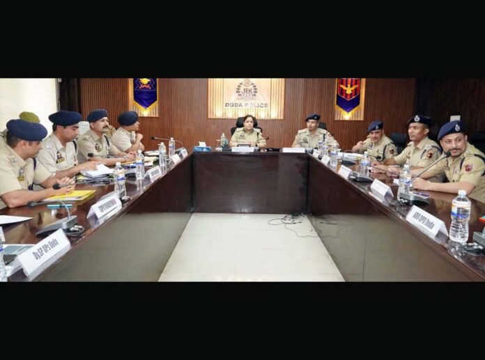 DIGP DKR Range Sargun Shukla chairing a meeting of police officers in Doda district on Thursday.
