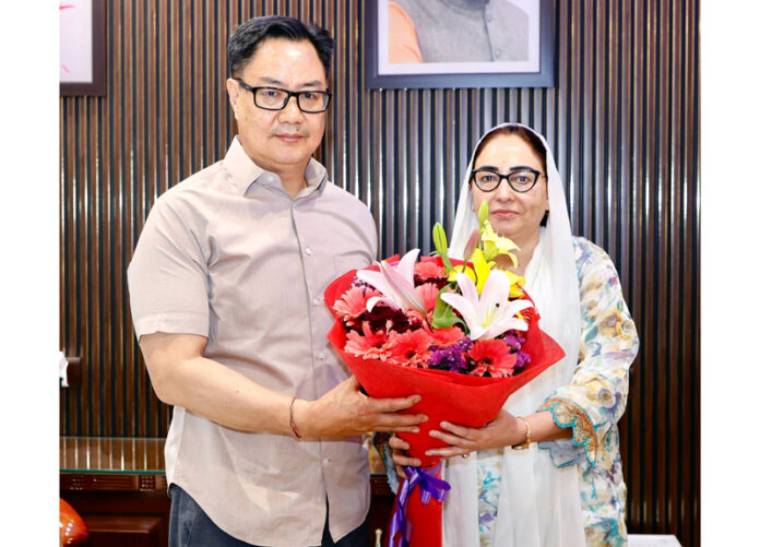 Waqf Board Chairperson Dr Syed Darakhshan Andrabi during her meeting with Union Minister Kiren Rijiju on Tuesday.