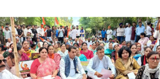 BJP leaders during Nari Shakti Akrosh rally at Kathua on Monday.