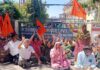 Workers of Hindustan Pencils Pvt Ltd raising slogans during a protest in Jammu on Wednesday.