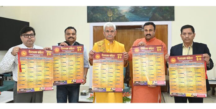Lieutenant Governor Manoj Sinha releasing the 8th Edition of Kailakh Sandesh Panchang Calendar on Thursday.