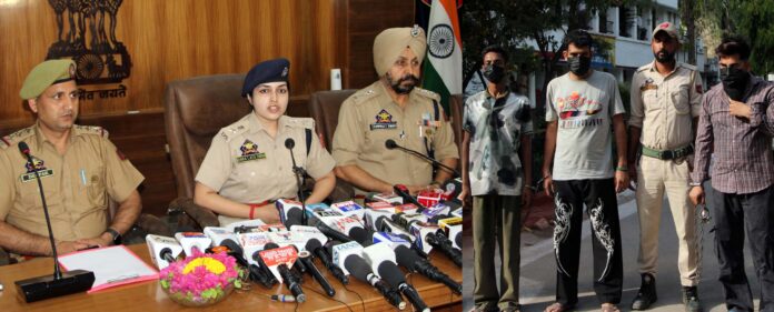 SP Headquarters Jammu, Anna Sinha, addressing media persons in Jammu (left) and accused in the custody of police (right). -Excelsior/Rakesh