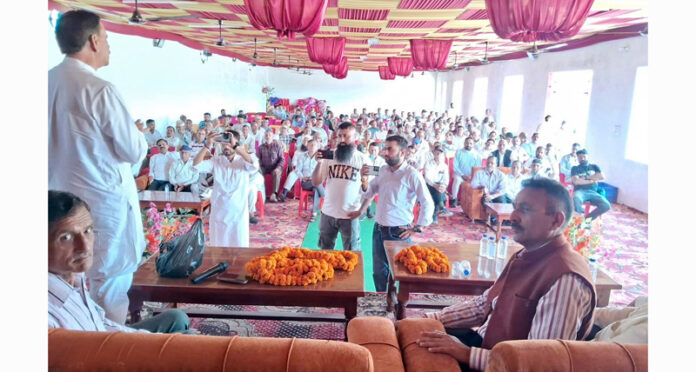Former Minister Dr Manohar Lal addressing public meeting in Billawar on Thursday.