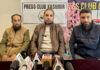 Members of Daily Wagers J&K Samiti during a press conference in Srinagar on Saturday. —Excelsior/Shakeel