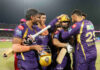 KKR players celebrating after defeating RR by 4 wickets in Kolkata .