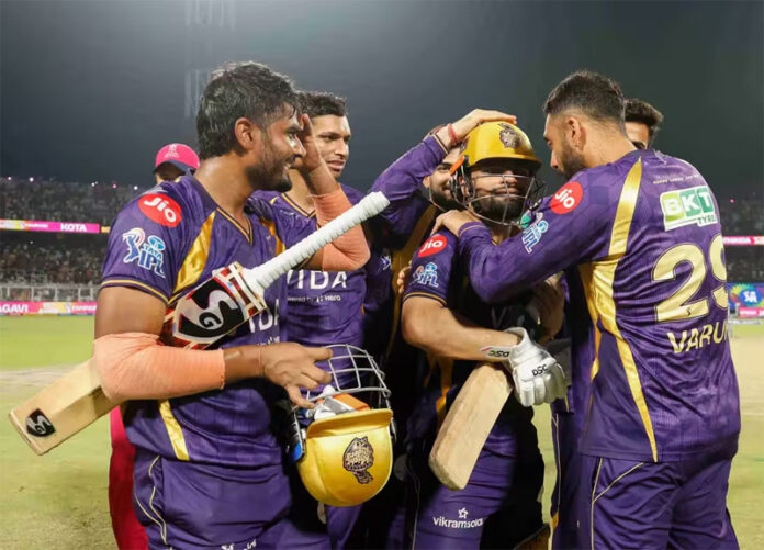 KKR players celebrating after defeating RR by 4 wickets in Kolkata .