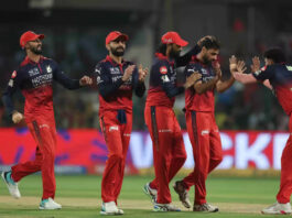 RCB players celebrating after defeating CSK in Bengaluru.
