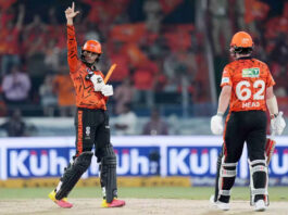 Abhishek Sharma celebrating after scoring 59 runs in 22 balls against CSK in Hyderabad.