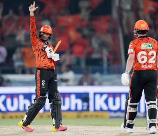 Abhishek Sharma celebrating after scoring 59 runs in 22 balls against CSK in Hyderabad.