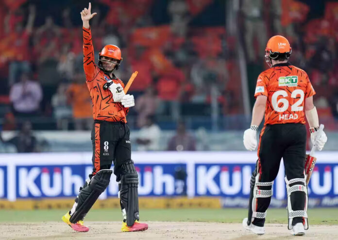 Abhishek Sharma celebrating after scoring 59 runs in 22 balls against CSK in Hyderabad.