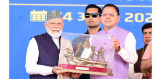 PM Narendra Modi at a pubic meeting at Dehradun on Tuesday.