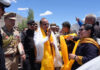LG Vinay Saxena being accorded warm reception by public at Khaltse, in Sham district of Ladakh on Tuesday.