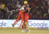 RCB players celebrating after defeating Mumbai Indians by 2 wickets at Raipur on Sunday.