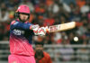Vaibhav Sooryavanshi playing a shot during his inning of 97 runs against SRH.