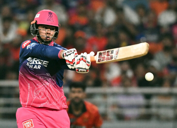 Vaibhav Sooryavanshi playing a shot during his inning of 97 runs against SRH.