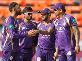 Kolkata Knight Riders players celebrating after defeating Sunrisers Hyderabad in Hyderabad on Sunday.