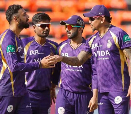 Kolkata Knight Riders players celebrating after defeating Sunrisers Hyderabad in Hyderabad on Sunday.