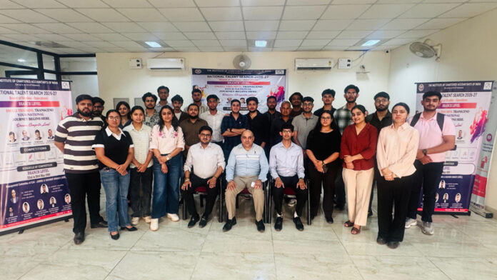 CA students along with others posing for a group photograph during the event National Talent Search 2026-27 in Jammu.