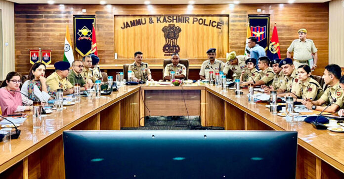 IGP Jammu Bhim Sen Tuti chairing a meeting of police officers at DPL Jammu on Thursday.