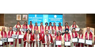 Union Minister Dr Jitendra Singh posing for a group photograph after awarding Degrees in Public Administration during the Convocation Ceremony of 51st "Advanced Professional Programme in Public Administration" (APPPA) at Indian Institute of Public Administration (IIPA), New Delhi on Friday.