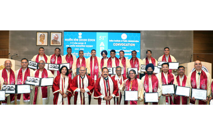 Union Minister Dr Jitendra Singh posing for a group photograph after awarding Degrees in Public Administration during the Convocation Ceremony of 51st 