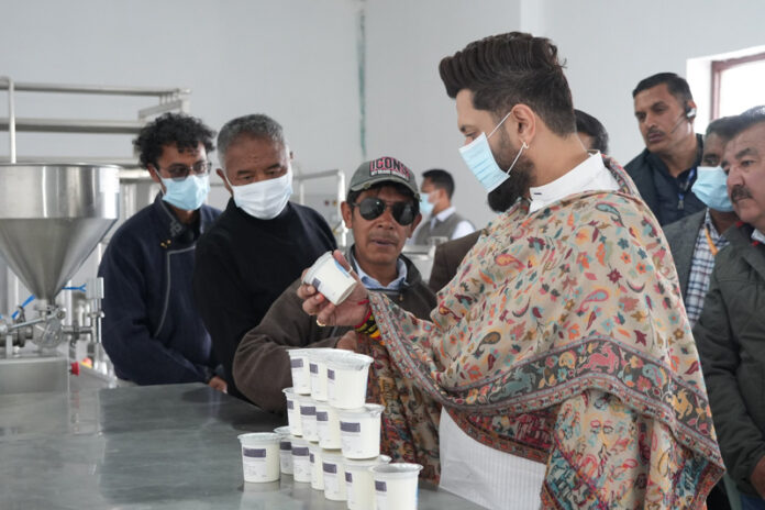 Union Minister Chirag Paswan meeting with workers at a food processing unit in Nubra, Leh. Union Minister Chirag Paswan meeting with workers at a food processing unit in Nubra, Leh.