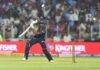 GT's Sai Sudharsan playing a shot during his inning of 57 runs against PBKS in Ahmedabad.