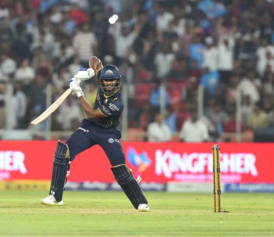 GT's Sai Sudharsan playing a shot during his inning of 57 runs against PBKS in Ahmedabad.