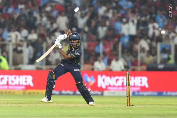 GT's Sai Sudharsan playing a shot during his inning of 57 runs against PBKS in Ahmedabad.