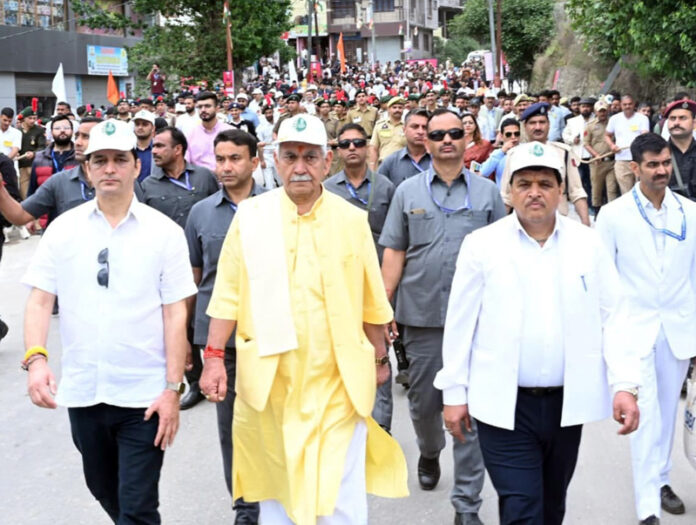 LG Manoj Sinha leading a rally against drugs in Doda on Thursday.