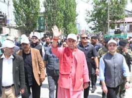 LG Manoj Sinha leading a rally against drug menace in Budgam on Tuesday.